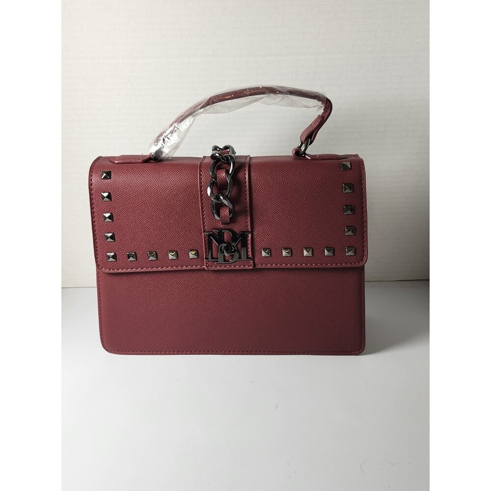 Badgley Mischka Burgundy Vegan Leather Studded Crossbody Satchel Bag Gunmetal